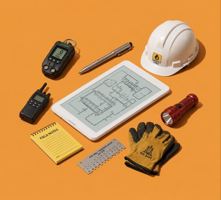 Field HSE safety equipment, gas detector, thickness gauge, tablet with schematics, and safety gear